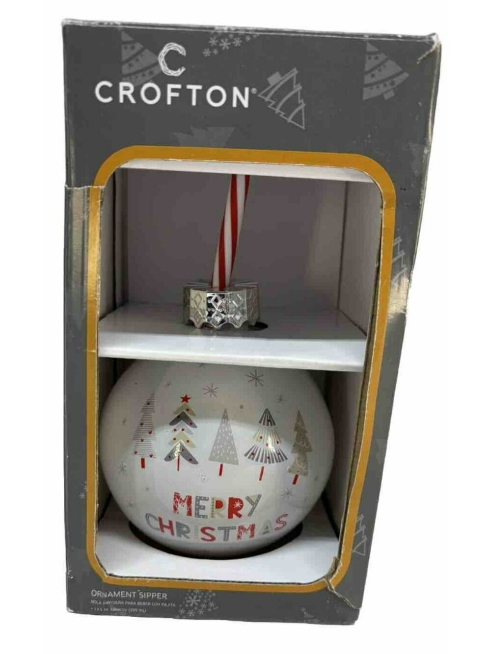 NIB Crofton Glass Ornament Sipper MERRY CHRISTMAS Cup w/ Red White Stripe Straw